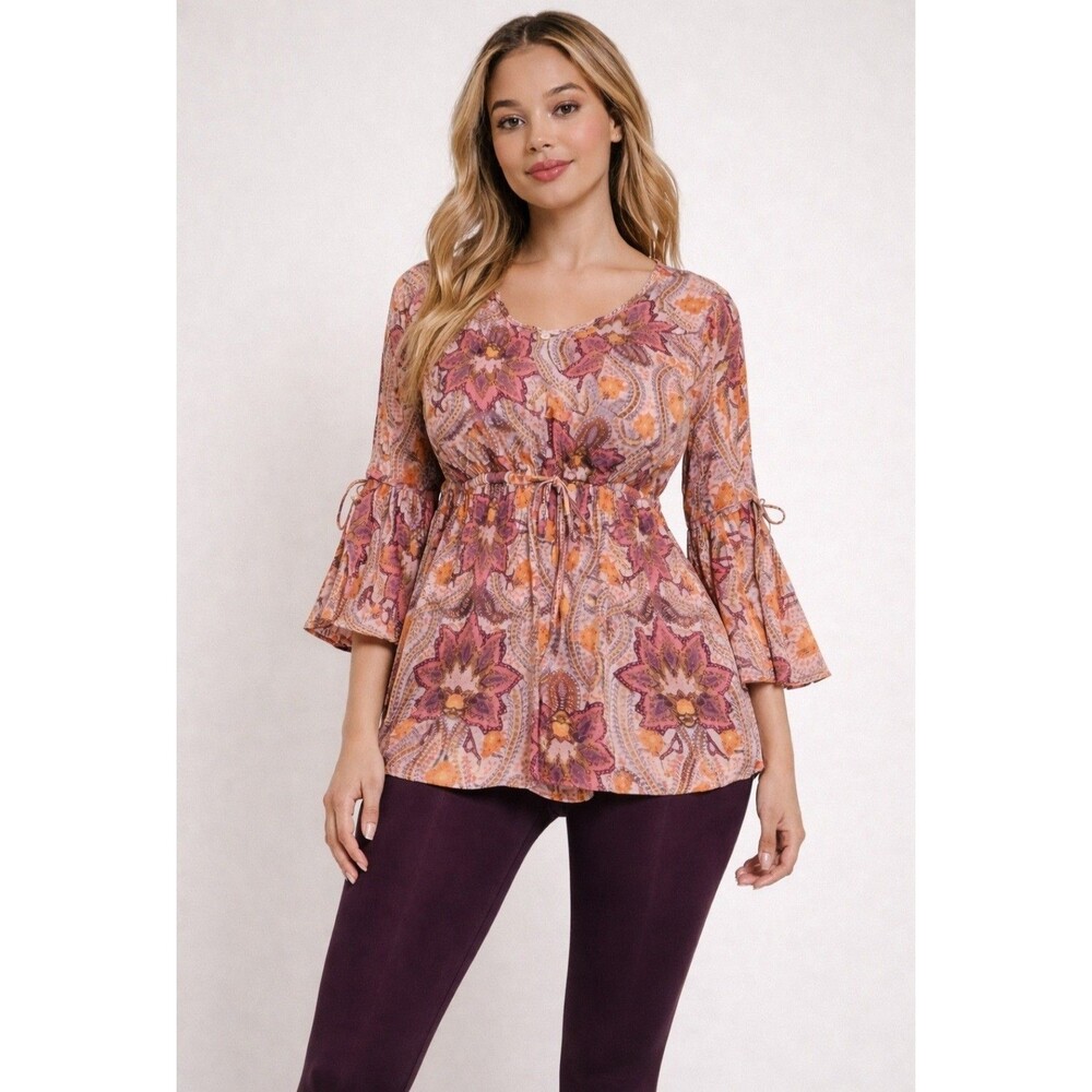 GB Gianni Bini Boho Floral Peplum Top Sz M Bell Sleeve V Neck Tunic Hippiechic